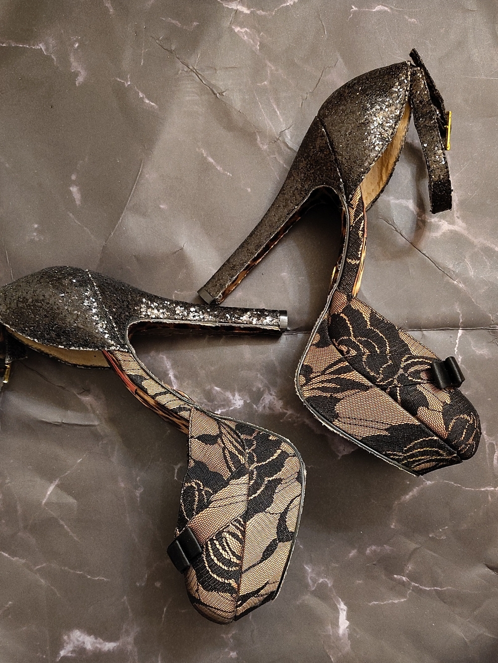 Betsey Johnson Black Glitter & Beige Floral Lace Platform Heels